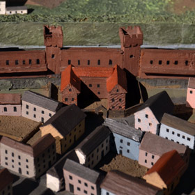 lokalizacja zamku uwidoczniona na makiecie XVII-wiecznych Gliwic