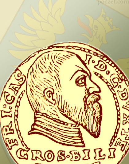 podobizna Fryderyka Kazimierza frysztackiego na awersie jego grosza z roku 1569