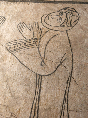 fragment tzw. Płyty Orantów w podziemiach bazyliki Narodzenia NMP w Wiślicy przedstawiający prawdopodobnie Helenę znojemską