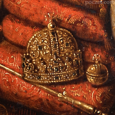 'Korona szwedzka' - fragment obrazu przedstawiającego ciało Zygmunta III Wazy na łożu paradnym